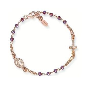 Bracciale Donna Amen BRORVIZ3 in argento 925 rosè con cristalli viola  e croce con zirconi collezione Rosari