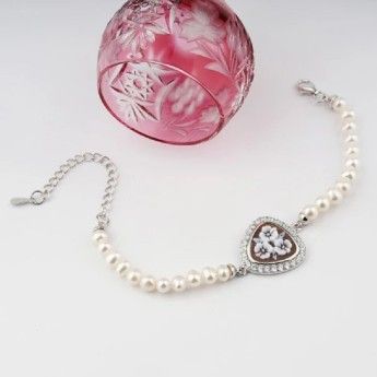Bracciale Donna Cameo Italiano B95-B 01 con perle bianche coltivate di acqua dolce, cameo 14 mm ed argento 925 rodiato
