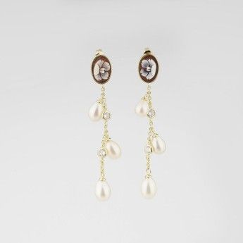 Orecchini Donna Cameo Italiano OC4-G 01 in argento 925 dorato con perle bianche coltivate di acqua dolce, cameo 12 mm