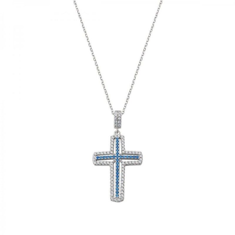 Collana Donna Amen CLCRVBBLZ in argento 925 rodiato e croce pendente con zirconi bianchi e blu collezione Diamond