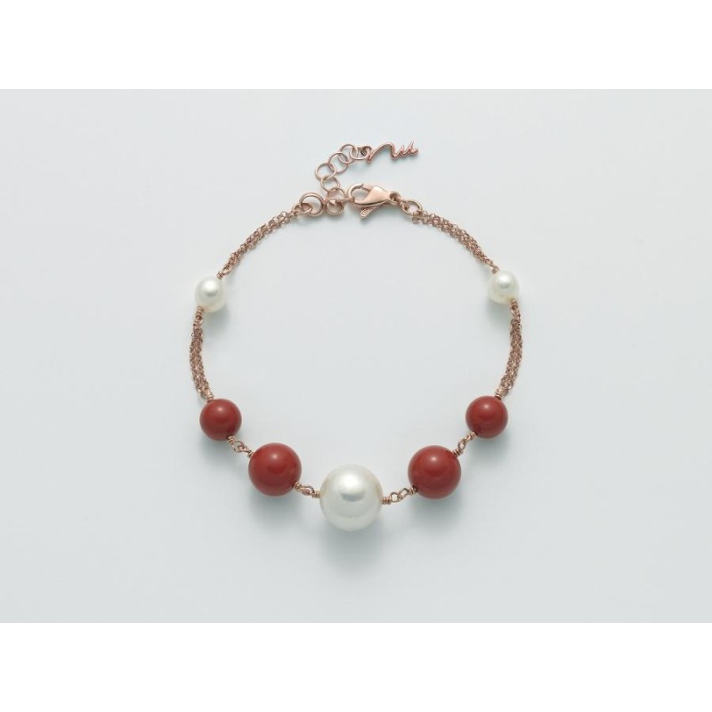 Bracciale Donna Miluna PBR2472M in argento 925 rosè con corallo rosso 8-10 mm, perla oriente 11-15 mm e perle bianche 6-6,5 mm