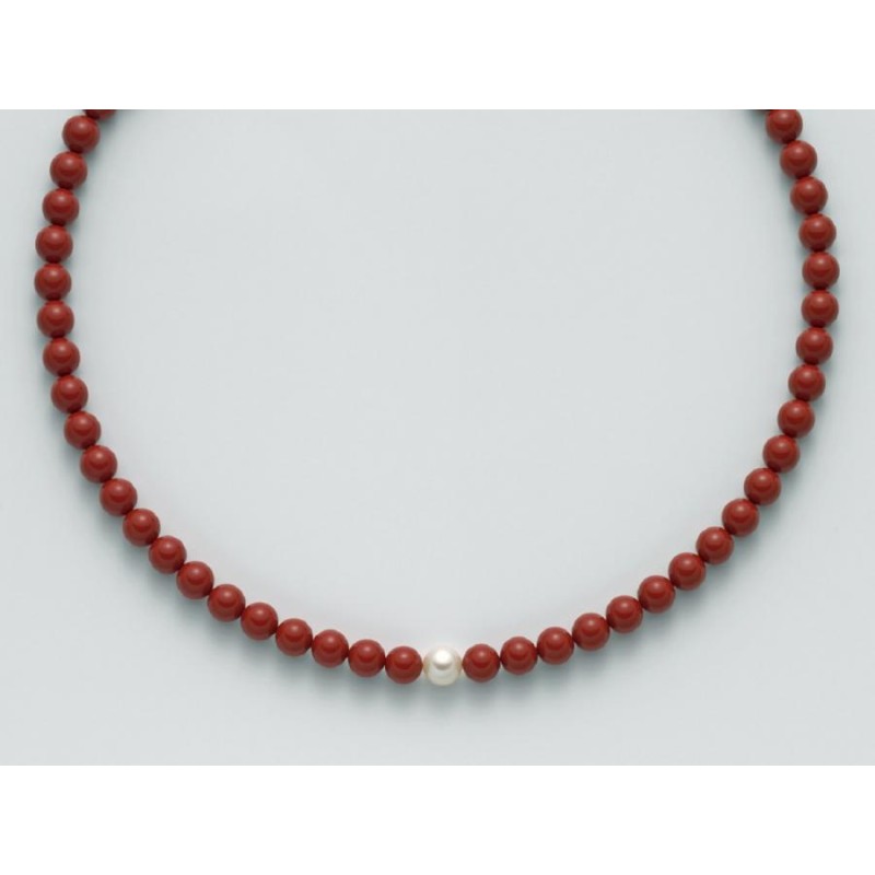 Collana Donna Miluna PCL4437 in corallo rosso 8 mm e perla bianca coltivata di acqua dolce 8,5-9 mm