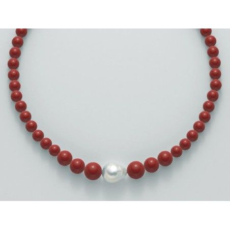Collana Donna Miluna PCL4657 in corallo rosso 8-12 mm, perla oriente barocca 12-14 mm e chiusura in argento 925