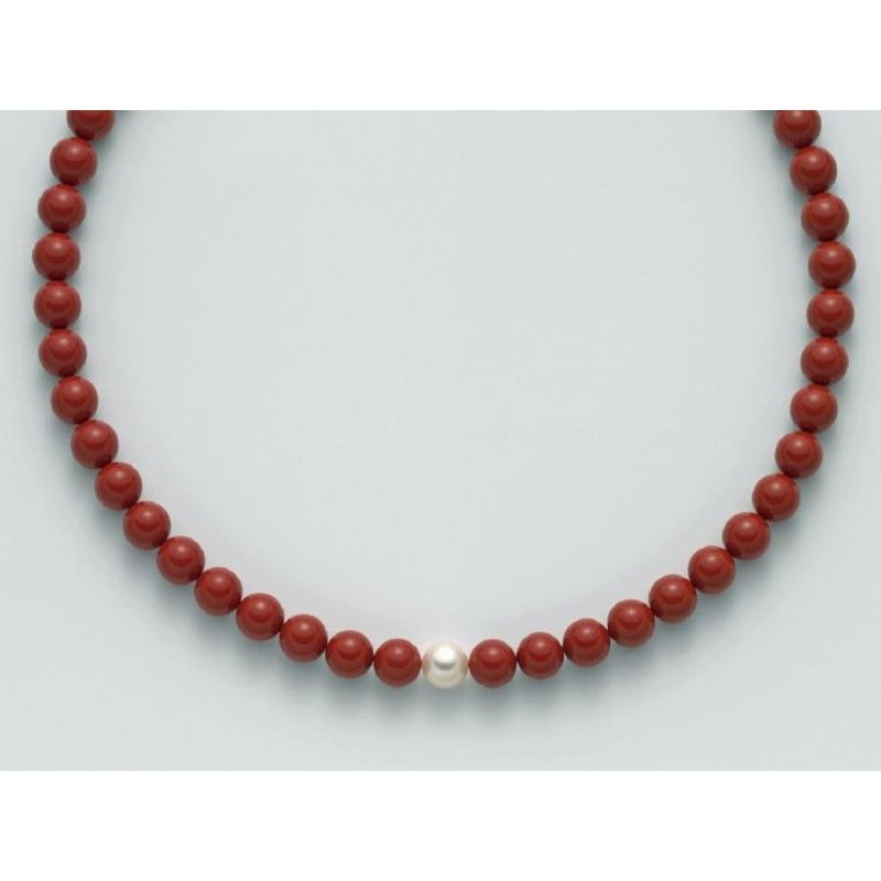 Collana Donna Miluna PCL4438 - Collana in corallo rosso 10 mm e perla bianca coltivata di acqua dolce 9,5-10 mm