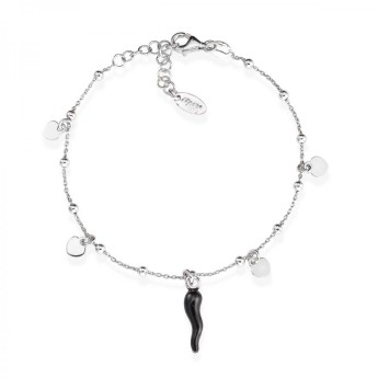Bracciale Donna Amen BRCSHBN3 in argento 925 rodiato con charm cuori e cornetto nero collezione Cornetti
