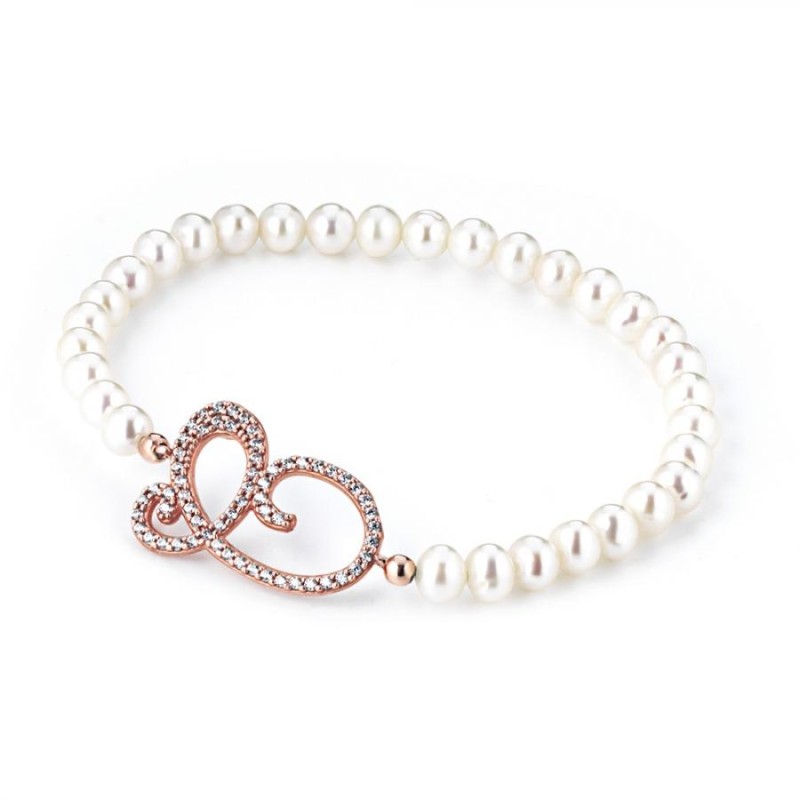 Bracciale Donna Marcello Pane BRDV006/C con perle bianche di acqua dolce e lettera “C” in argento 925 rosè con zirconi bianchi