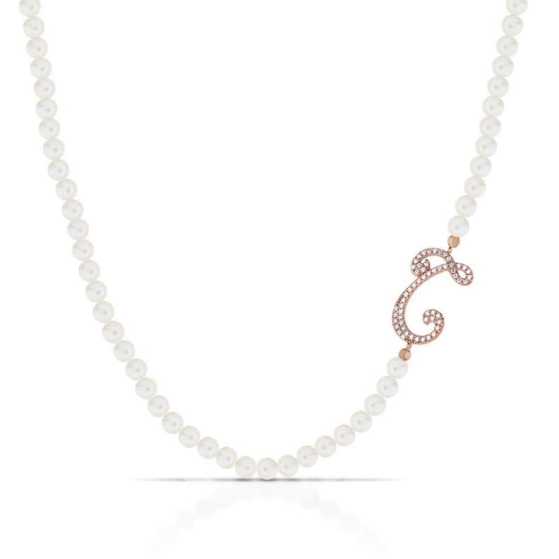 Collana Donna Marcello Pane CLDV006/T con perle bianche coltivate e lettera “T” in argento 925 rosè con zirconi bianchi