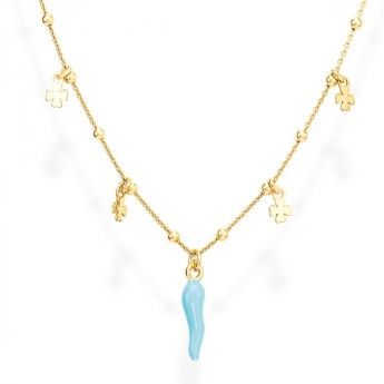 Collana Donna Amen CLCSQGA – Collana in argento 925 dorato e pendente cornetto azzurro e quadrifogli