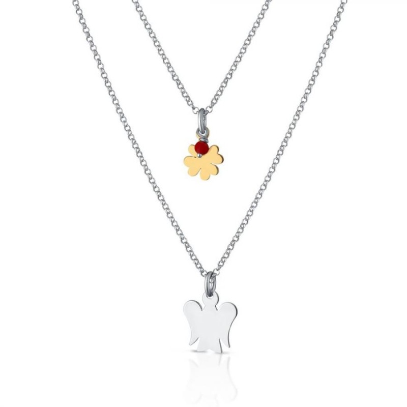 Collana Donna Roberto Giannotti GIA374 in argento 925 rodiato con pendenti Angelo e Quadrifoglio in argento dorato