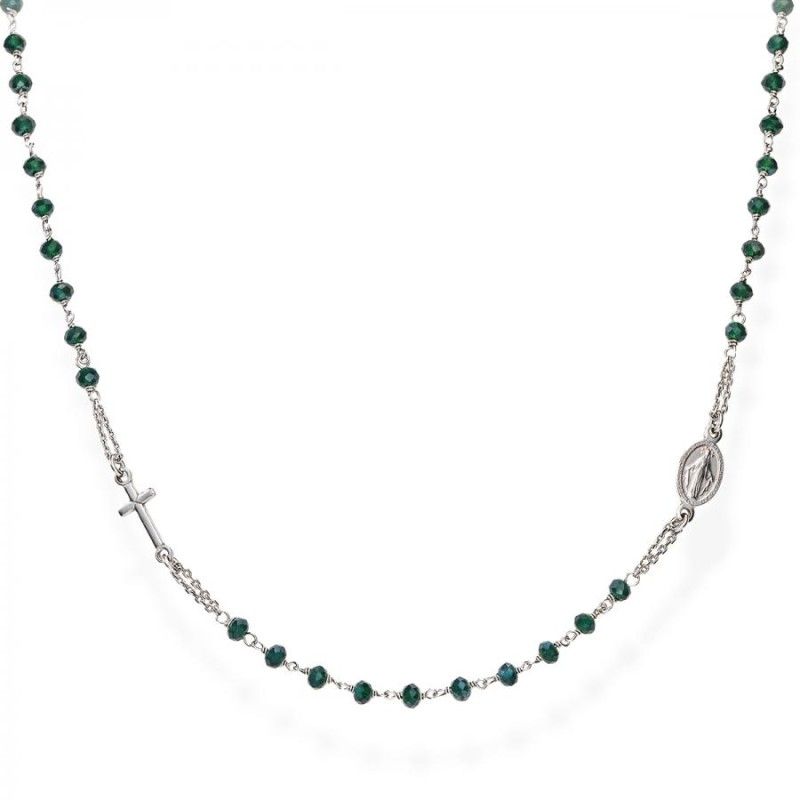 Collana Donna Amen CROBVB3 in argento 925 rodiato con cristalli verde bottiglia collezione Rosari