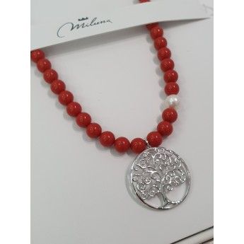 Collana Donna Miluna PCL5948 - Collana con corallo rosso 8 mm e perla bianca coltivata  8,5-9 mml unghezza 80 cm