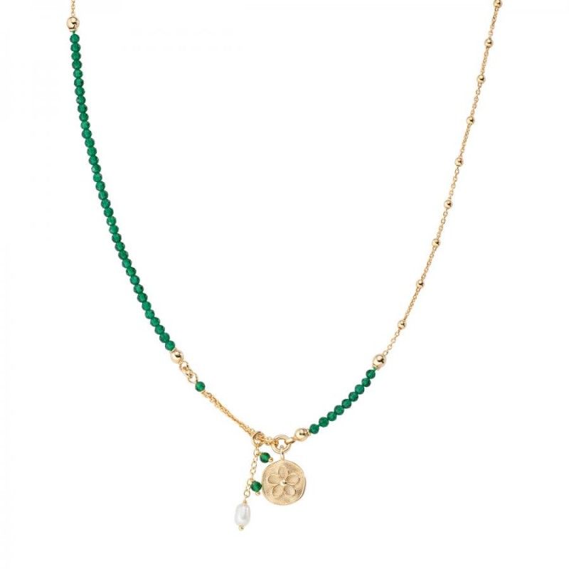 Collana Donna Amen CLZIQUGVE3 in argento 925 dorato con fiore e perla pendente e cristalli verdi collezione Rainbow