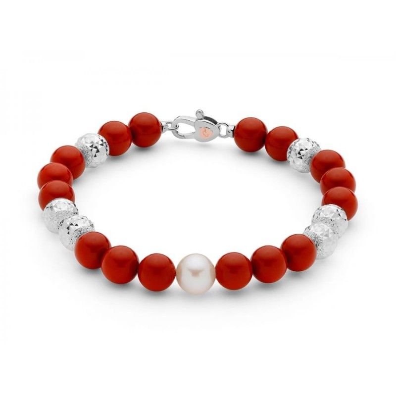 Bracciale Donna Miluna PBR3283 - Bracciale in corallo rosso 8 mm e perla bianca coltivata di acqua dolce 8,5-9 mm