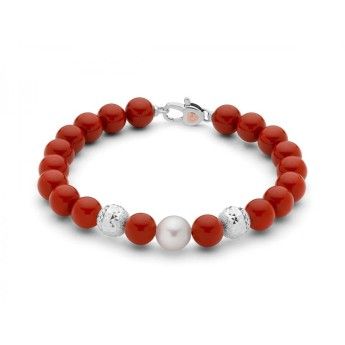 Bracciale Donna Miluna PBR3296 - Bracciale in corallo rosso 8 mm e perla bianca coltivata di acqua dolce 8,5-9 mm
