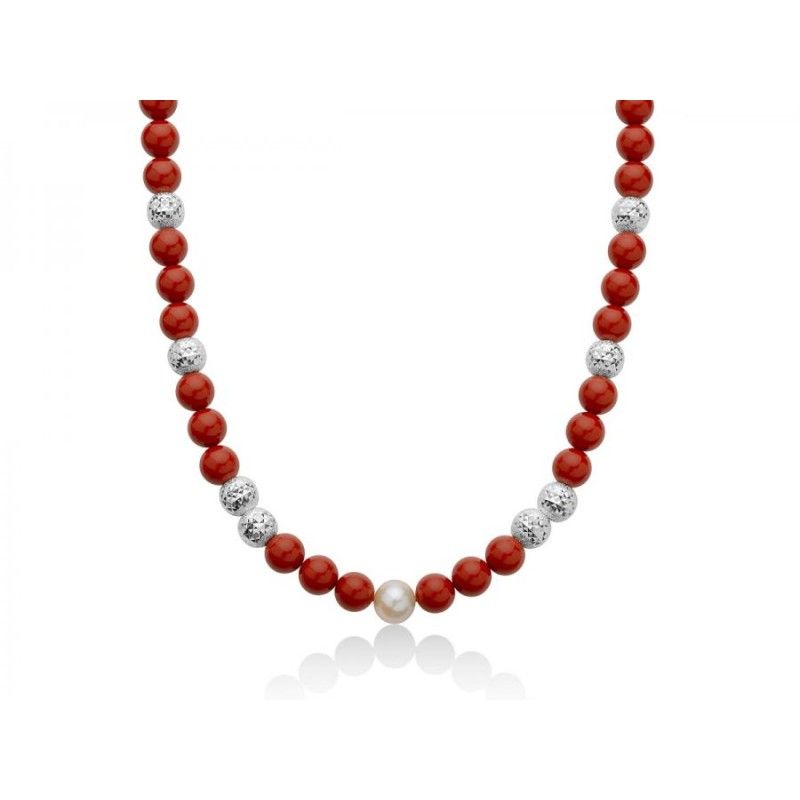 Collana Donna Miluna PCL6177 - Collana in corallo rosso 8 mm e perla bianca  coltivata di acqua