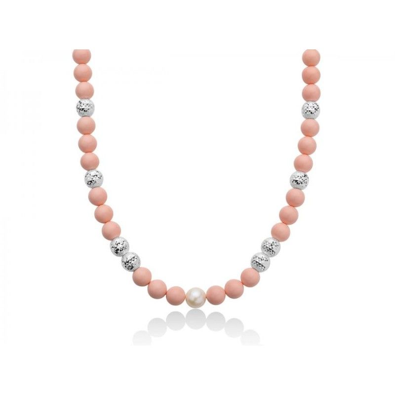 Collana Donna Miluna PCL6194 - Collana in corallo rosa 8 mm e perla bianca coltivata di acqua dolce 8,5-9 mm