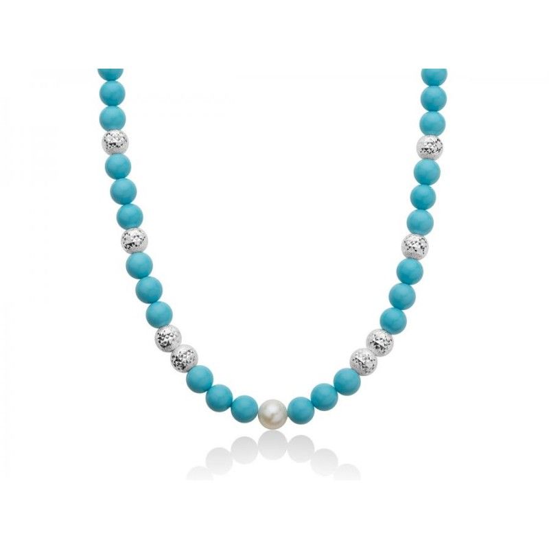 Collana Donna Miluna PCL6195 - Collana in turchese 8 mm e perla bianca coltivata di acqua dolce 8,5-9 mm