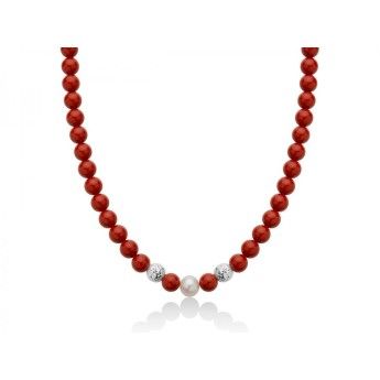 Collana Donna Miluna PCL6196 in corallo rosso 8 mm e perla bianca coltivata di acqua dolce 8,5-9 mm collezione Terra e Mare