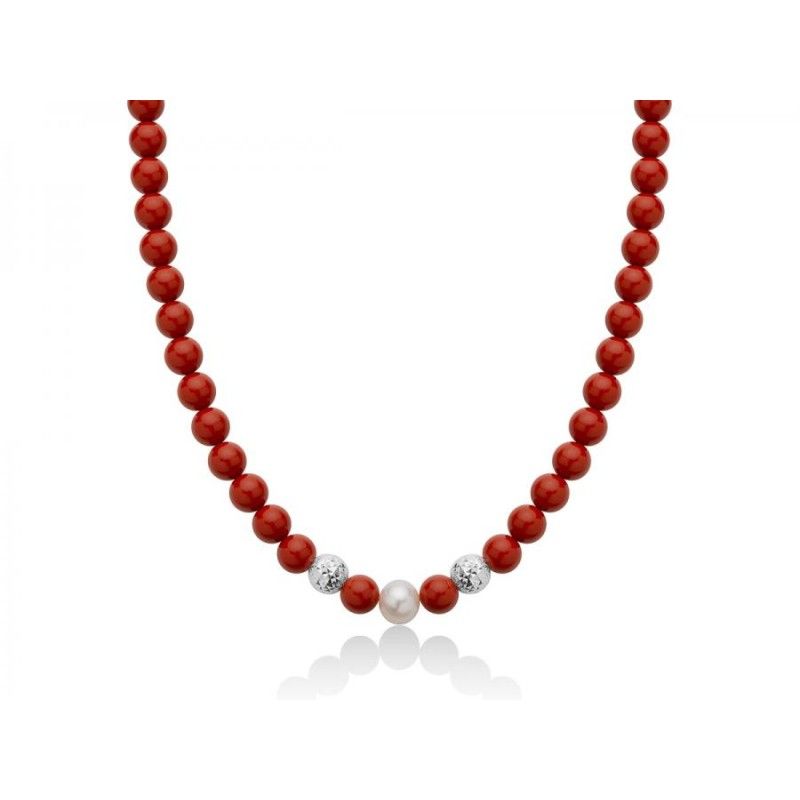 Collana Donna Miluna PCL6196 in corallo rosso 8 mm e perla bianca coltivata di acqua dolce 8,5-9 mm collezione Terra e Mare