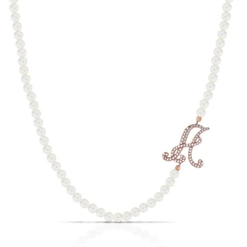 Collana Donna Marcello Pane CLDV006/A con perle bianche di acqua dolce e lettera “A” in argento 925 rosè con zirconi bianchi