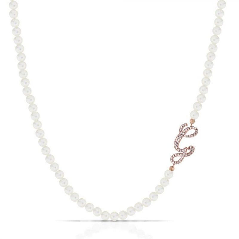 Collana Donna Marcello Pane CLDV006/G con perle bianche coltivate e lettera “G” in argento 925 rosè con zirconi bianchi