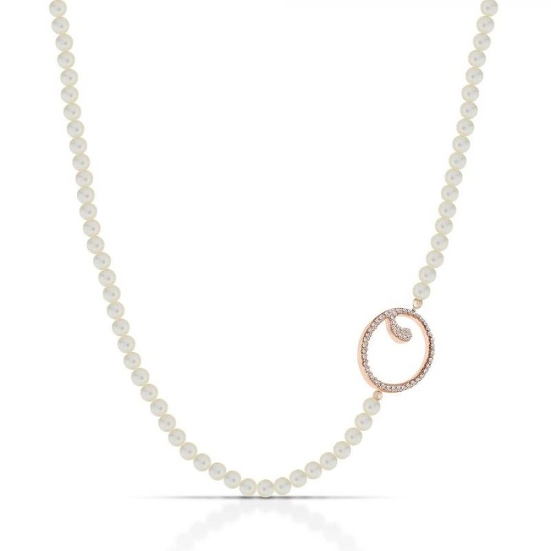 Collana Donna Marcello Pane CLDV006/O con perle bianche coltivate e lettera “O” in argento 925 rosè con zirconi bianchi