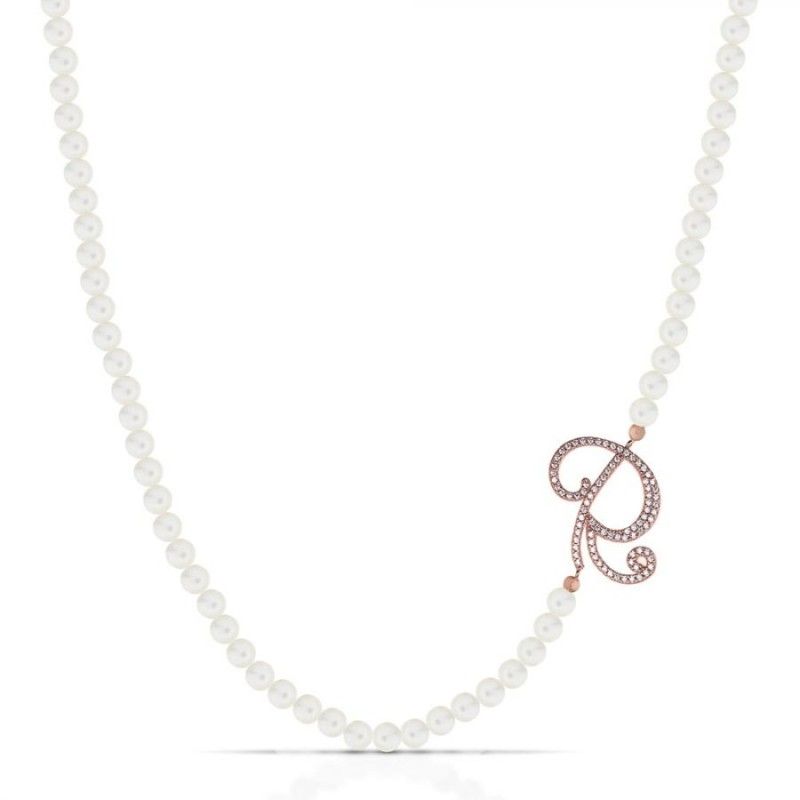 Collana Donna Marcello Pane CLDV006/R con perle bianche coltivate e lettera “R” in argento 925 rosè con zirconi bianchi
