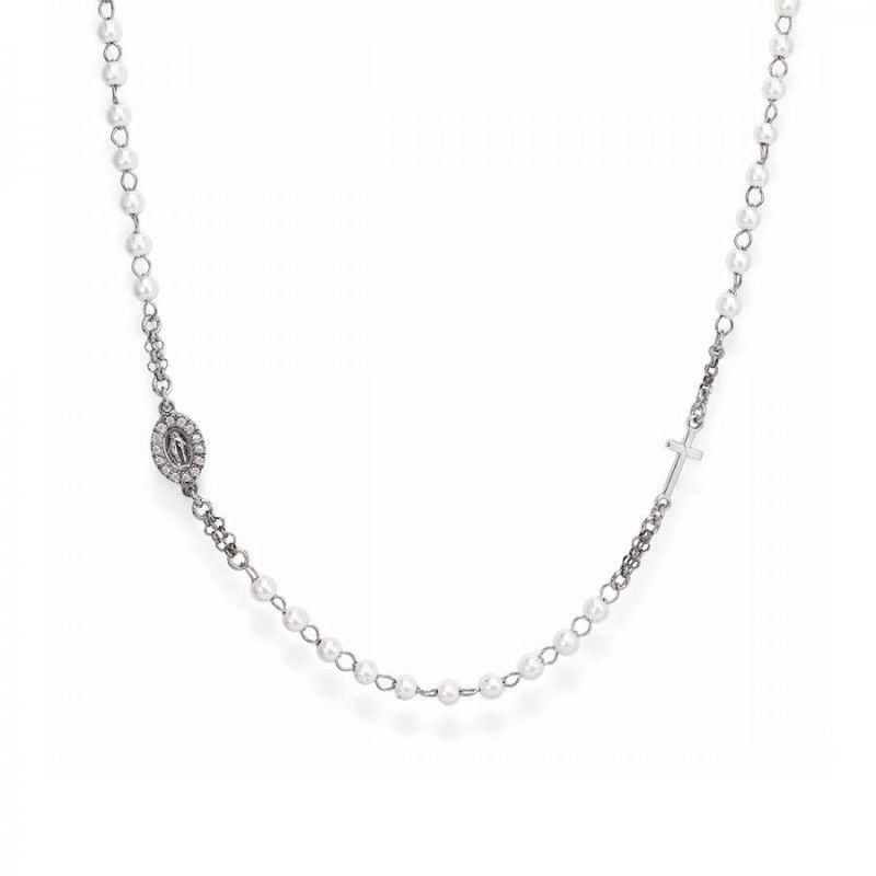 Collana Donna Amen CROBBZ-M3 in argento 925 rodiato con perline bianche e zirconi bianchi collezione Rosari