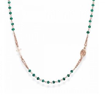 Collana Donna Amen CRORV3 in argento 925 rosè con cristalli verde bottiglia collezione Rosari