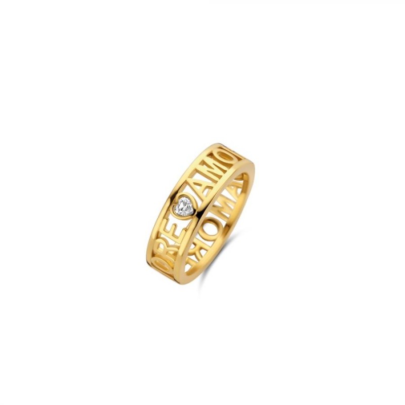 Anello Donna Ti Sento Milano 12227ZY/50 in argento 925 dorato con scritta “Amore” e cuorino con zircone bianco misura 10