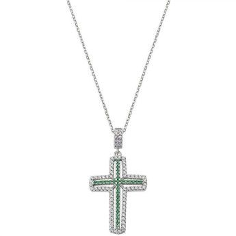 Collana Donna Amen CLCRVBVZ in argento 925 rodiato e croce pendente con zirconi bianchi e verdi collezione Diamond