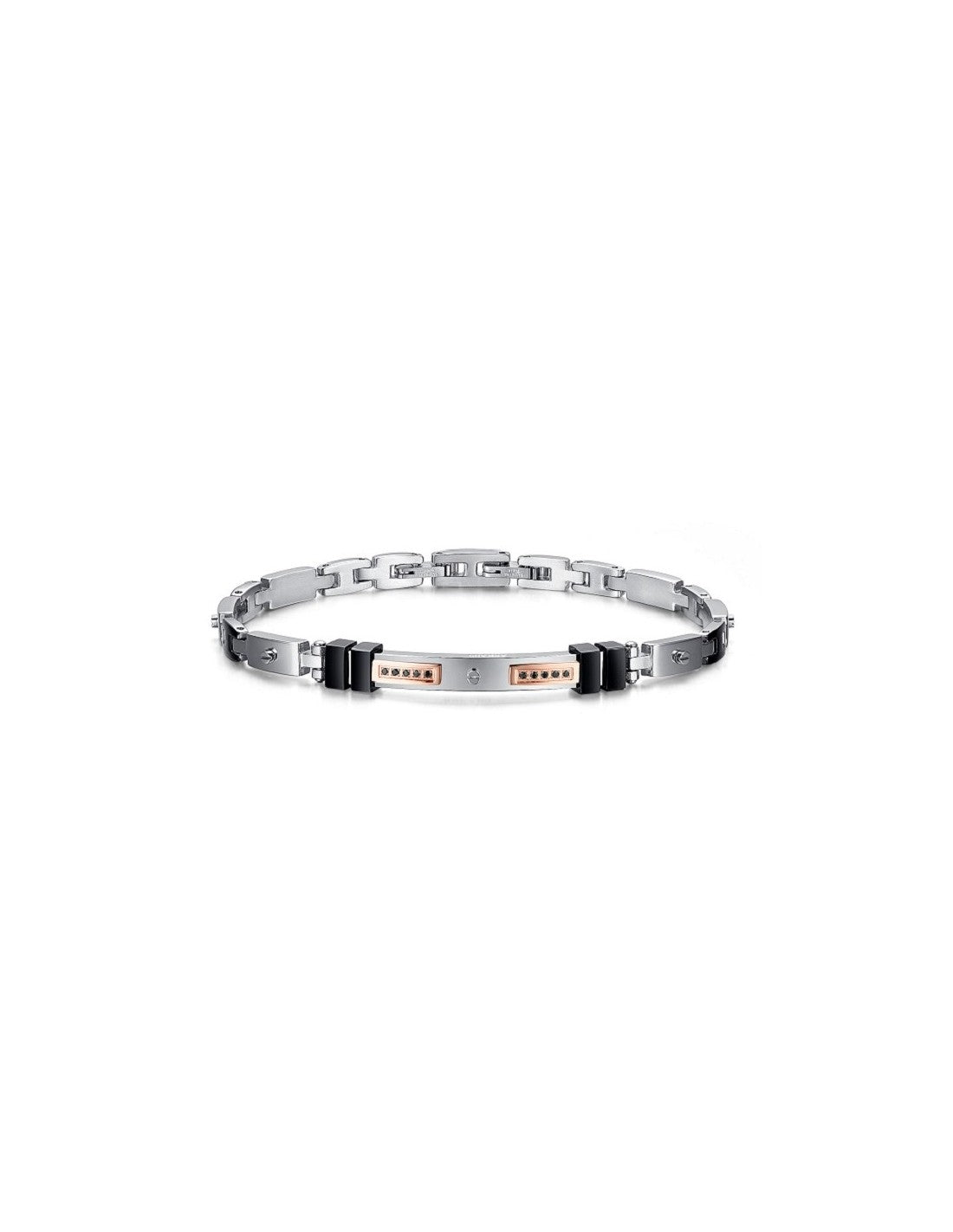 Bracciale Uomo Arkano BAR01NN in acciaio con targhetta centrale inserti in pvd black e rose gold con zirconi neri