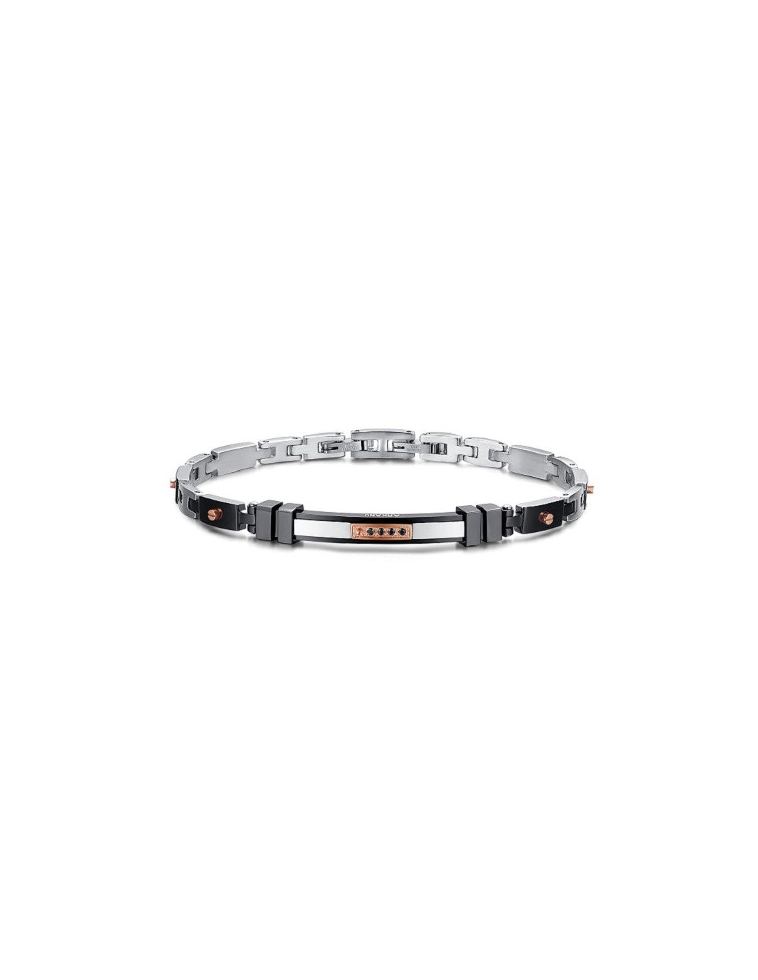 Bracciale Uomo Arkano BAR03NR in acciaio con inserti in pvd black e rose gold con targhetta centrale con zirconi neri