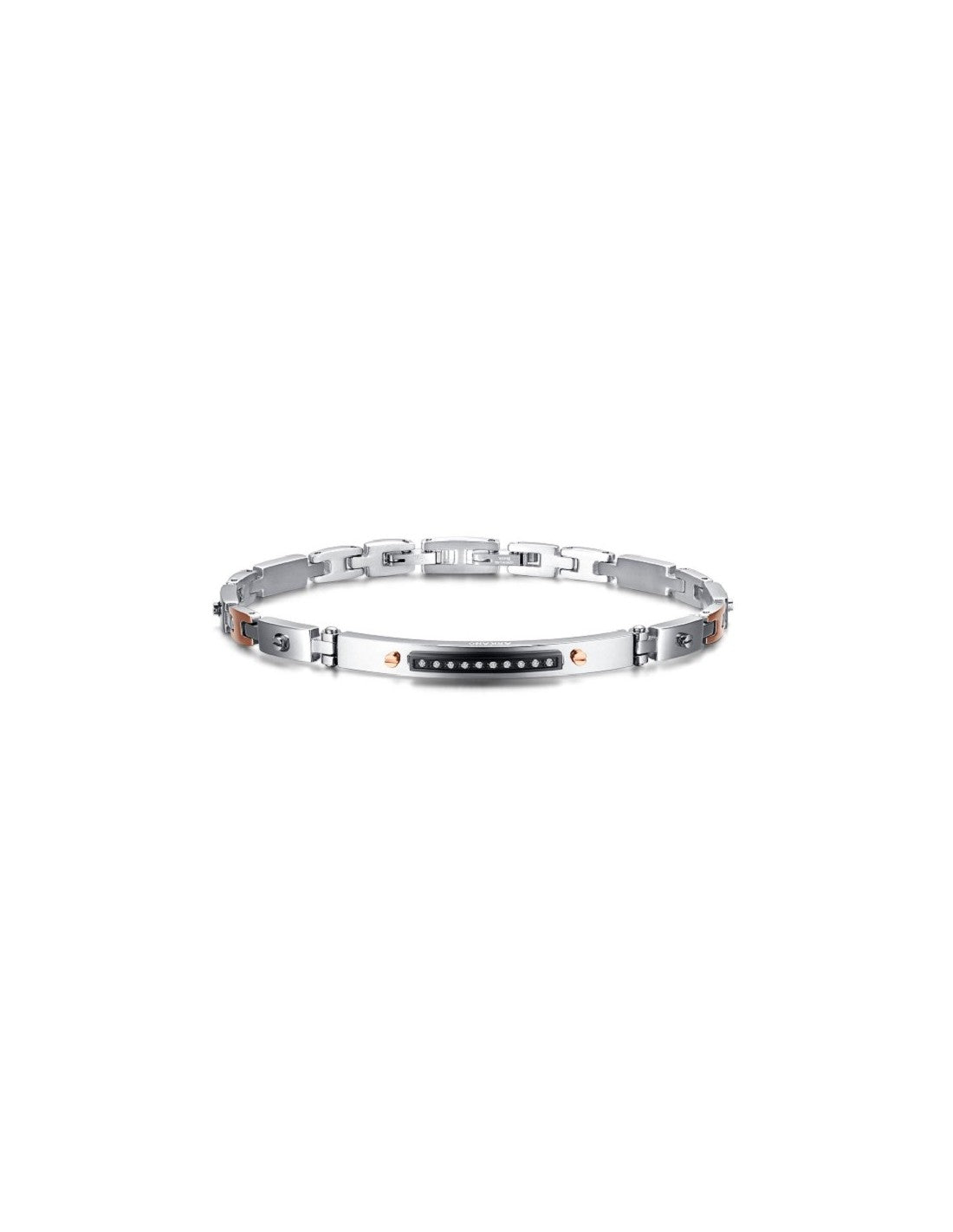 Bracciale Uomo Arkano BAR06RN in acciaio con targhetta centrale, inserti in pvd rose gold e black con zirconi bianchi